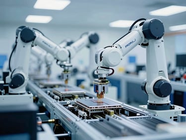 High-tech SMT assembly line in operation, robotic arms, cool industrial lighting, sharp focus on components, desaturated corporate blue tones, 35mm