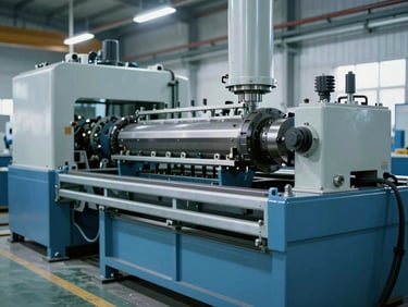 Large industrial machine on a factory floor, cool lighting, focus on metal structure and technical details.