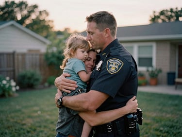 An Ohio public safety officer in plain clothes hugging their spouse and child in a backyard, soft evening light.