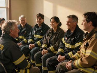 A group of active and retired first responders sitting in a quiet, warm-toned room, talking and laughing, soft golden hour light.