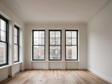 Crisp editorial photograph of a clean, light-filled NYC brownstone interior with high ceilings and architectural molding, natural overcast daylight.