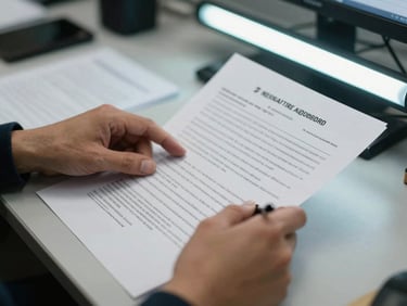 Close detail of hands reviewing printed documents on a desk under fluorescent office light, annotated pages visible, a pen resting mid-note, institutional work environment, no faces, documentary framing