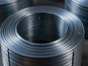 Macro shot of steel coil nails neatly arranged in a circular roll, metallic reflection, industrial lighting