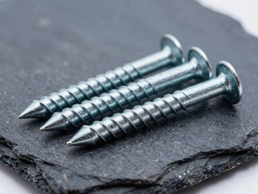 Close-up of galvanized concrete nails with grooved shanks on a slate background, sharp focus