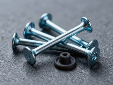 Roofing nails with umbrella heads and rubber washers, high-contrast studio light, metallic blue tint