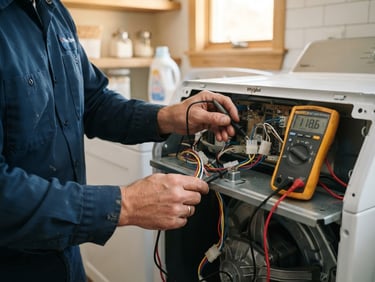 A close-up of a professional technician's hands in a clean blue uniform using a digital multimeter to test a washing machine's internal wiring, bright natural home lighting