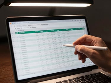 Tight close-up of a laptop screen displaying a performance report spreadsheet with click-through and conversion columns, a hand holding a stylus pointing at a data row, studio LED overhead light, dark desk surface visible at the frame edges