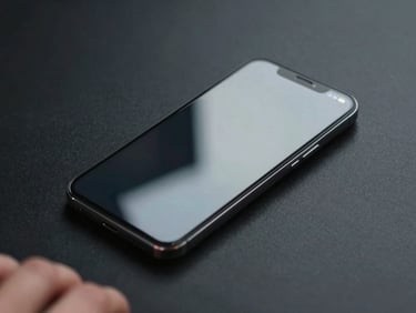 Tight close-up of a flagship smartphone face-up on a matte black surface, studio LED reflection visible in the glass screen, hands partially visible at the bottom edge holding the device during a review, cool precise lighting