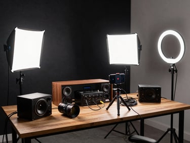 Wide environmental shot of a creator studio — a ring light and two LED panels illuminating a review desk loaded with audio equipment and a smartphone on a tripod, camera recording light glowing red, cables organized along the desk edge, dark background wall behind