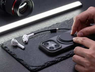 Close-up of a phone case, charging cable, and wireless earbuds arranged on a dark slate surface during an unboxing review, studio LED strips illuminating the accessories from above, hands testing a magnetic attachment at the right edge