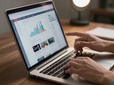 Close-up of hands scrolling through a YouTube channel analytics dashboard on a laptop, studio LED light from above illuminating the screen and keyboard, shallow depth of field blurring the background desk surface, subscription and engagement graphs visible on-screen