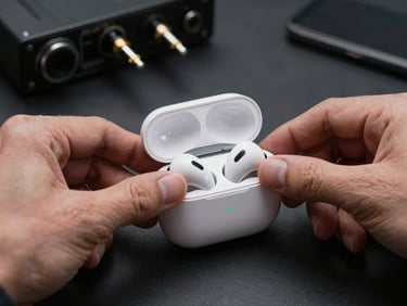 Tight close-up of hands placing wireless earbuds into a charging case on a dark studio surface, ring-light specular highlight on the case lid, blurred audio interface visible in the background, no text