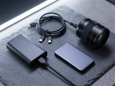 Overhead desk study with a tangle of USB-C cables, a portable charger, and a compact SSD on a slate grey surface under cool white LED strip light, no people, no branding text visible