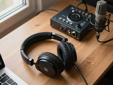 Overhead workspace shot of over-ear headphones resting on a wooden desk next to an audio interface and a condenser microphone, natural window light from the left, cables neatly arranged, no people visible, precise technical framing