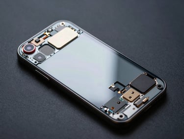 Close-up overhead of a smartphone disassembled mid-review on a dark matte surface, components spread methodically, cool studio LED light raking across the glass back panel, no text or branding visible