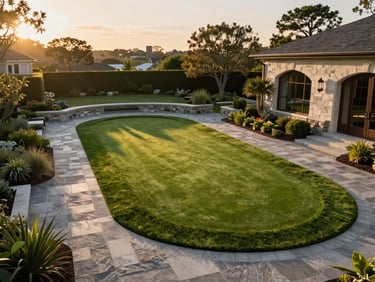 Elevated golden hour shot of a multi-tier outdoor putting green in the Hamptons, surrounded by architectural landscaping and stone pathways.