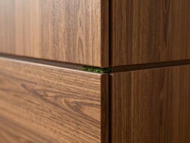 Close-up architectural shot of custom walnut millwork meeting a flush-mounted turf seam, warm ambient lighting highlighting the premium textures
