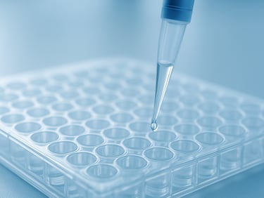 Macro close-up of clinical pipette dispensing liquid into a multi-well plate, bright cool daylight, sterile blue and slate tones