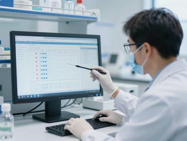 A certified laboratory director in proper PPE inspecting molecular assay results on a clean, modern digital monitor, cool daylight, bright clinical setting