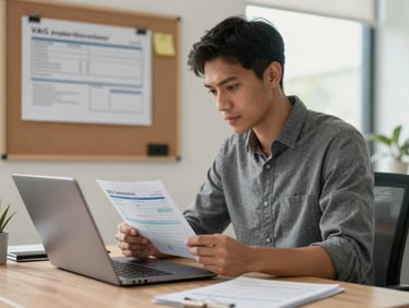 Medium shot of a South African accountant reviewing a VAT return on a laptop in a tidy office, natural light, VAT registration certificate visible pinned to a board in the background