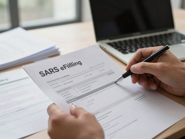 Close-up of a South African tax practitioner's hands reviewing a printed SARS eFiling return on a desk, natural window light, organized papers and a laptop visible in the background