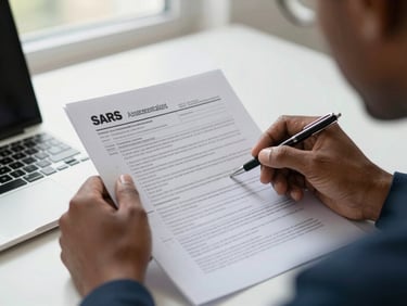 Close-up of a South African professional's hands reviewing a printed SARS tax assessment form on a tidy desk, pen in hand, natural window light from the left, a laptop partially visible at the edge, clean and focused framing
