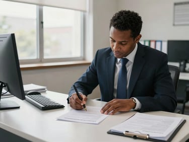 Wide-angle shot of a South African compliance professional at a desk signing company registration documents, soft daylight from a window, neat office environment with folders and a monitor