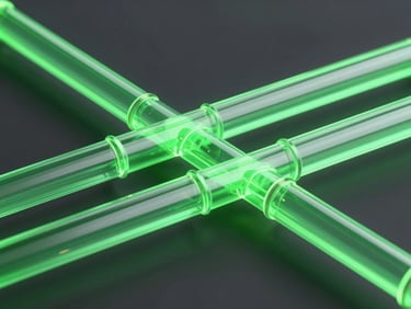 3d render, macro view of glowing green glass pipelines representing synchronized inventory data, dark obsidian background, octane render