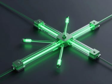 3d render, isometric view of interconnected data nodes routing light pulses through glass channels, dark obsidian background, octane render
