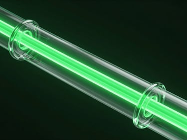 Macro 3D render of a glowing green data stream flowing through a transparent glass cylinder, dark background