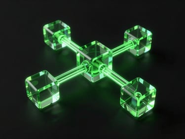 Abstract 3D render of interconnected glass nodes glowing with green laser light on a deep black background, ultra-precise