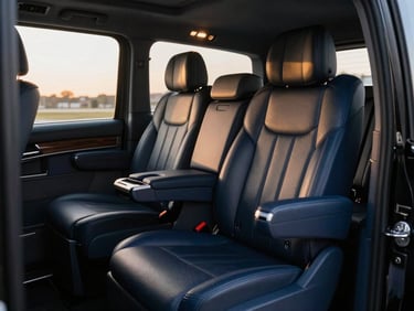 Pristine black Mercedes-Benz Vito VIP interior, luxurious leather seats, ambient lighting, sharp focus, 35mm