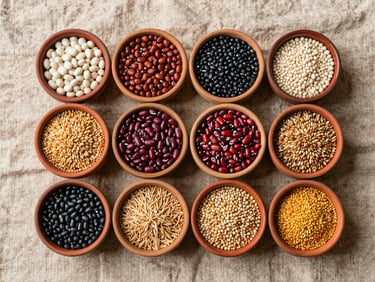 Overhead flat-lay of dried legumes and grains in small terracotta bowls on a rough linen cloth, north-facing natural daylight, earthy tones, clean negative space around the bowls