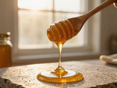 Close-up of raw unfiltered honey dripping slowly from a wooden spoon onto a stone surface, golden-hour window light, warm amber tones, single focal subject