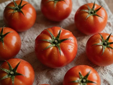 Close-up flat-lay of fresh whole tomatoes on a rough linen cloth, golden hour side-light, rich red skins with a slight sheen, no studio props
