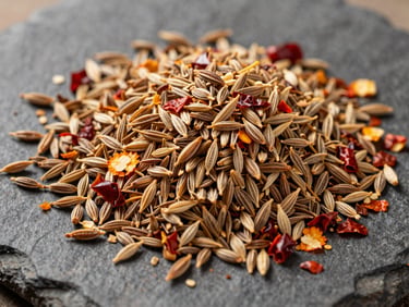 Close-up detail of dried spice mix — cumin seeds, dried coriander, and red pepper flakes — spread on a dark stone surface under warm natural daylight, no hands, no text