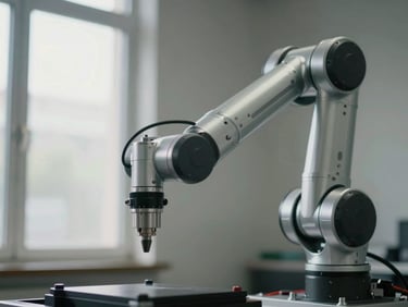 Close-up side view of a 4-DOF robotic arm mid-reach, aluminium links and servo brackets visible, test object on surface below, natural window light from the left