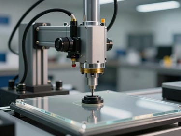 Wide shot of a vacuum gripper end-effector mounted on a test stand, pneumatic tubing routed neatly, suction cup pressed against a flat acrylic test piece, diffuse lab lighting