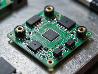 Extreme close-up overhead shot of a brushless motor controller PCB mid-assembly on a steel workbench, solder joints and component traces sharp under cool window light