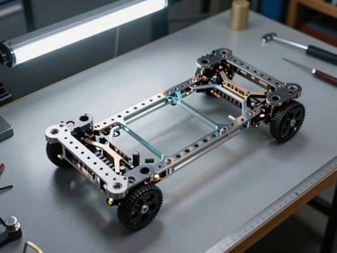Overhead flat-lay of a differential-drive chassis frame mid-fabrication, laser-cut acrylic panels and standoffs arranged on a workbench, cool overhead light, ruler visible at edge
