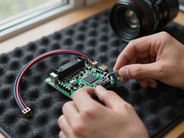 Close-up of hands connecting IMU breakout board to a microcontroller development board with jumper wires on a foam anti-static mat, natural window light, components sharp