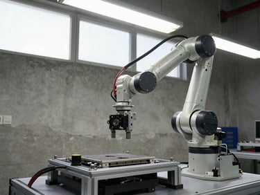 Wide shot of a robotic arm mid-reach over a test fixture, camera module mounted at the wrist visible, overhead fluorescent and window light, cables routed neatly along the arm links, concrete floor in background