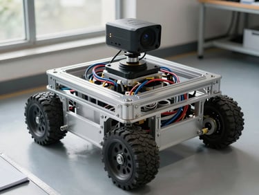 Overhead study of a wheeled mobile robot chassis on a lab floor, lidar sensor mounted on top, wiring harness visible through acrylic side panels, natural window light, ruler and notebook at frame edge