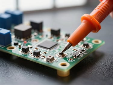 Extreme close-up of a custom motor controller PCB, solder joints sharp and clean, orange-tipped multimeter probe touching a test pad, dark workbench surface, diffuse window light from above