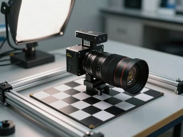 Wide overhead view of a stereo camera rig clamped to an aluminium extrusion frame on a lab bench, calibration checkerboard visible beneath it, soft diffuse studio light