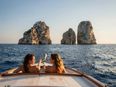 A couple relaxing on a wooden gozzo boat deck near Capri Faraglioni, warm golden hour sun.