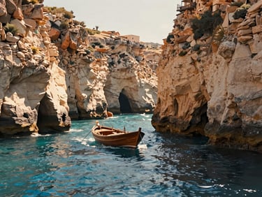 Dramatic cliffs of Furore fjord with a traditional wooden boat entering the narrow cove, bright midday sun.
