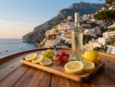 Fresh local aperitivo spread with lemon slices and white wine on a wooden boat deck, Positano background at sunset.