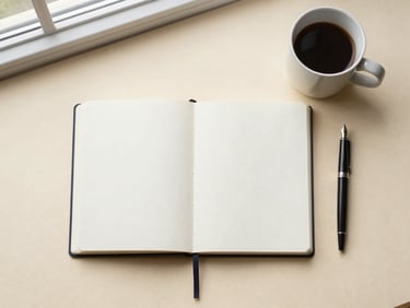 Overhead flat-lay of an open physical notebook, a ceramic coffee mug, and a fountain pen on a warm creamy paper surface, soft natural window light
