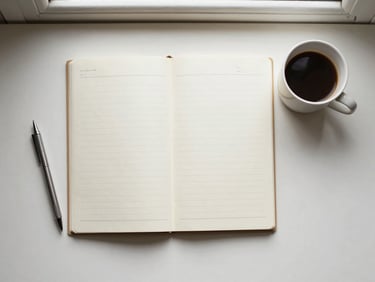 An overhead flat-lay of a writing desk with a notebook, a mechanical pencil, and a warm cup of coffee, soft window light